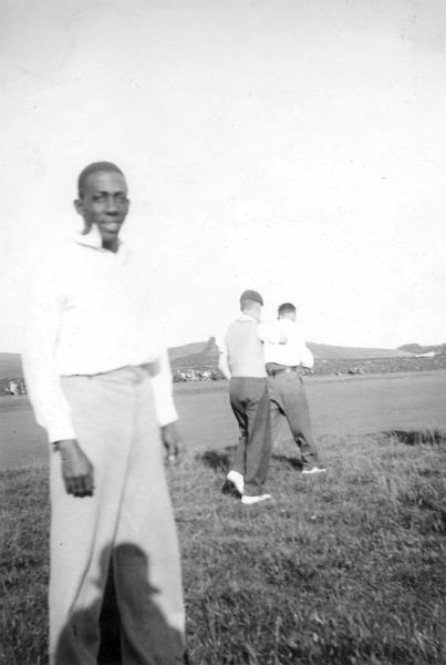 Learie Constantine .jpg - Leary Constantine - playing cricket at Long Preston  Date thought to be 1933. The field is the third one on the left (including the playing field on Hewitt House Lane)